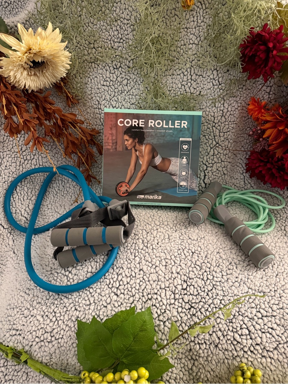 Bundle! Marika Core Roller with Gray and Mint Jump Rope and Stretch Set